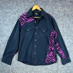 Martini Ranch Western Shirt Mens Large Blue Pink Zebra Cowboy Pearl Snap